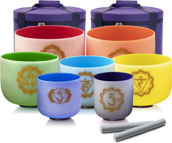 Set of 7 Chakra Colored Singing Crystal Bowls 432Hz